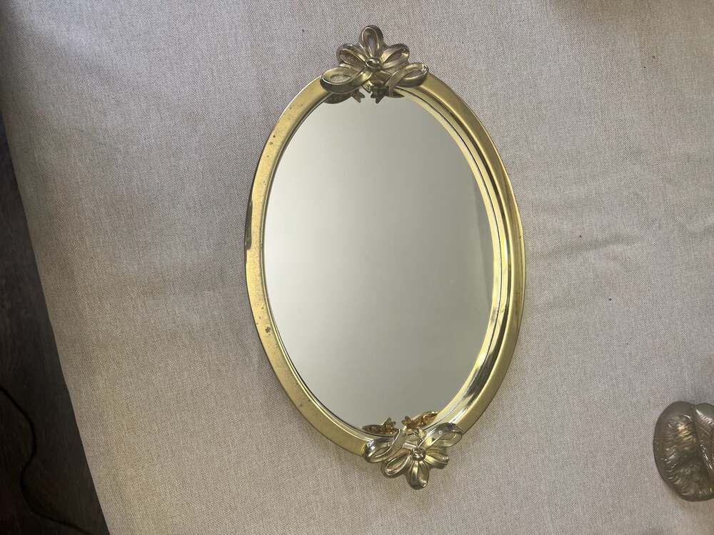 Vintage Brass Oval Vanity Mirror Tray with Ribbon Bow Accents
